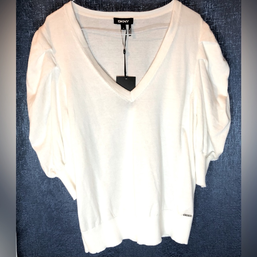 DKNY Ivory V-Neck Blouse with Puff Sleeves - Picture 2 of 7
